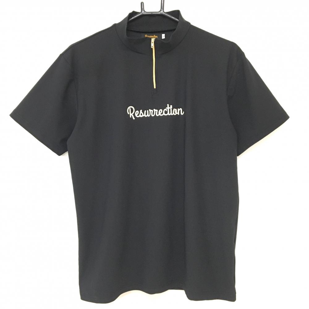 【美品】レザレクション 半袖ハイネックシャツ 黒×ベージュ ロゴプリント、ハーフジップ メンズ L ゴルフウェア Resurrection