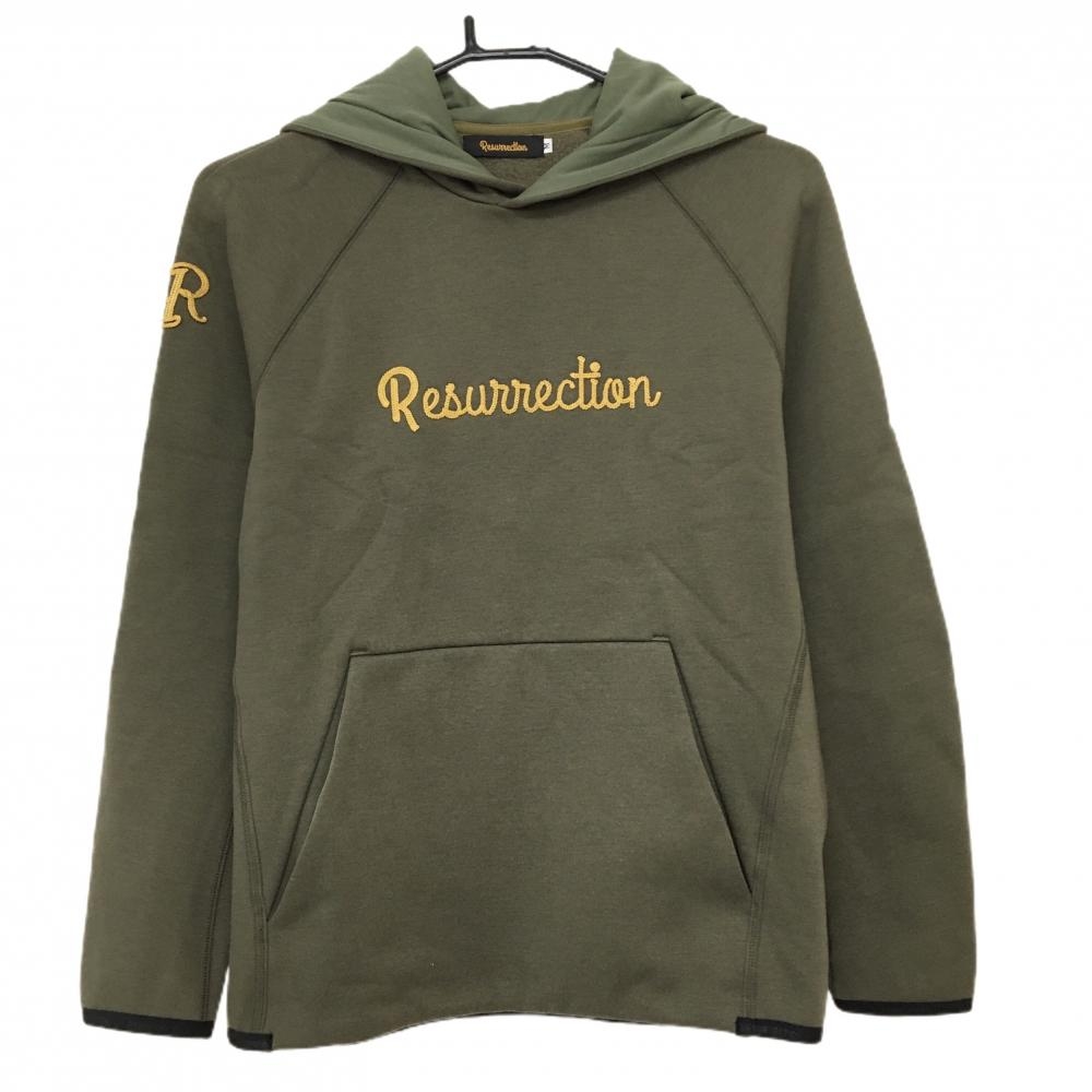 【超美品】レザレクション パーカー カーキ系 ロゴ刺しゅう 裏起毛 トレーナー メンズ M ゴルフウェア Resurrection