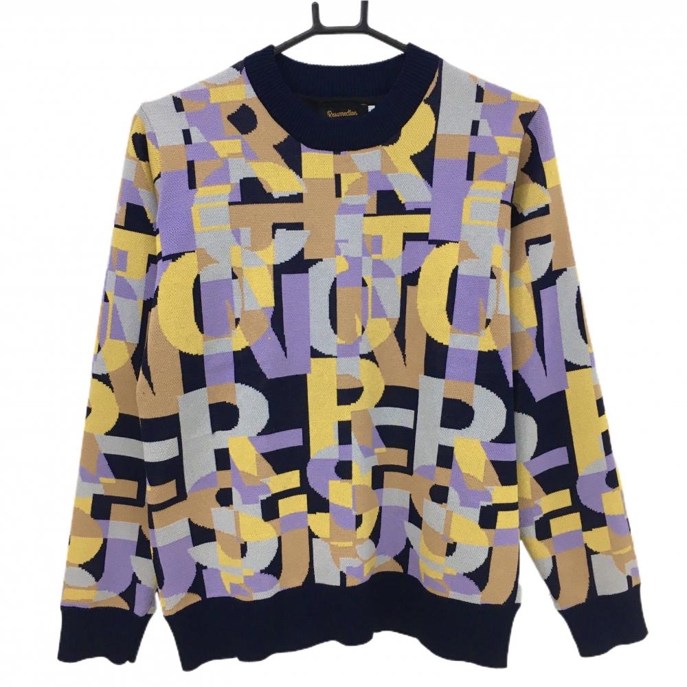 【美品】レザレクション セーター パープル×イエロー×ネイビー 総柄 裏地付き ニット レディース L ゴルフウェア Resurrection
