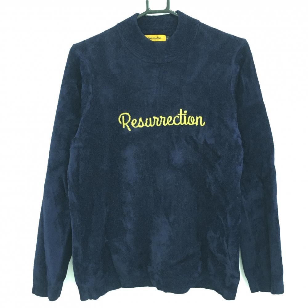 【美品】レザレクション セーター ネイビー×イエロー 起毛 フロントロゴ ニット レディース L ゴルフウェア Resurrection