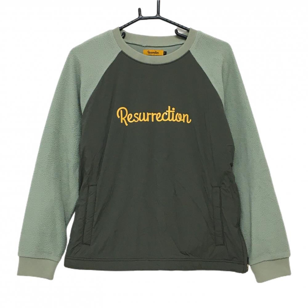 【美品】レザレクション 異素材スニード カーキ系×ライトミントグリーン系 袖ボア ブルゾン レディース M ゴルフウェア Resurrection
