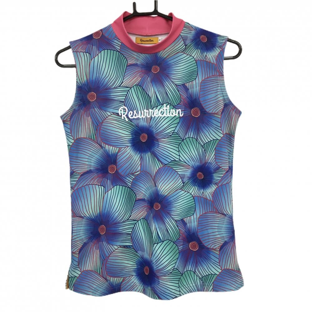 【美品】レザレクション ノースリーブハイネックシャツ ブルー系×グリーン系×ピンク 花柄 レディース S ゴルフウェア Resurrection