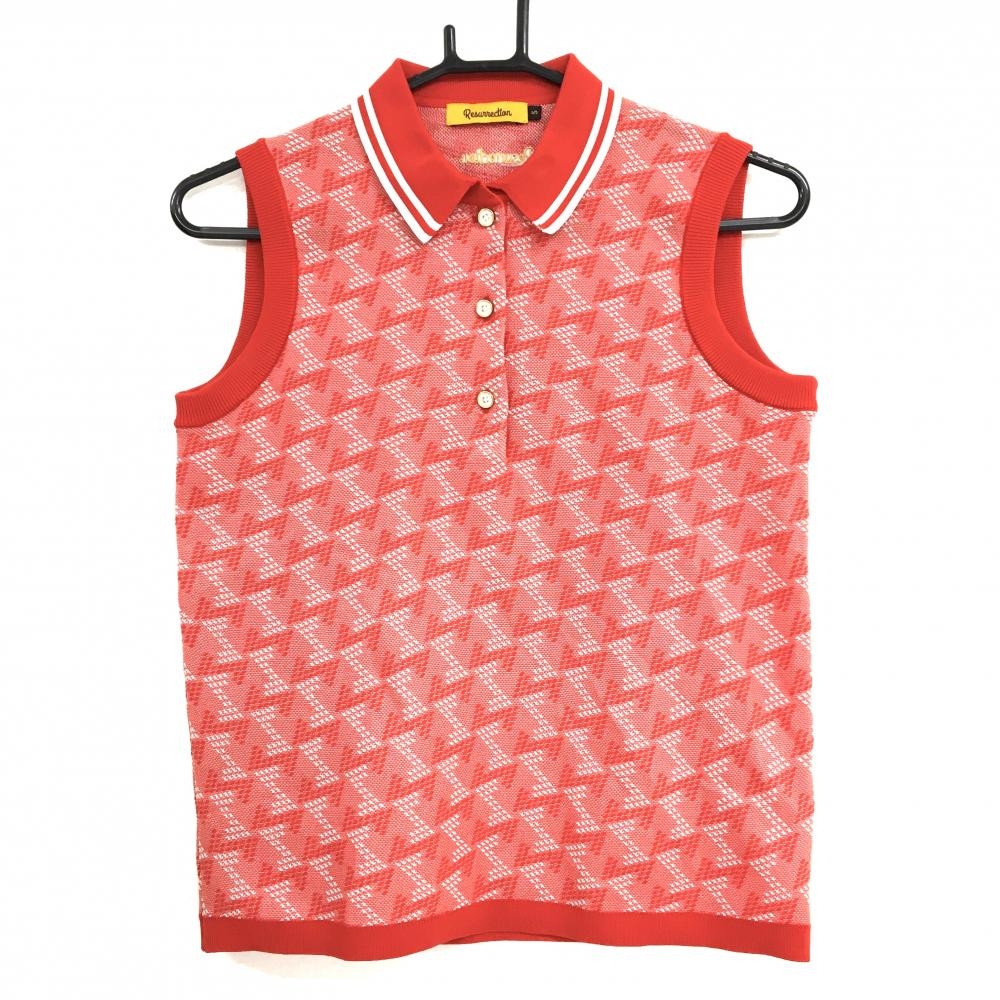 【超美品】レザレクション ニットノースリーブポロシャツ レッド×白 総柄 襟縁ライン レディース S ゴルフウェア Resurrection