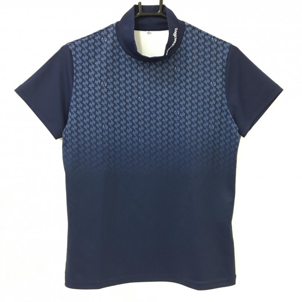 【超美品】レザレクション 半袖ハイネックシャツ ネイビー×白 身頃胸上総柄 レディース M ゴルフウェア Resurrection
