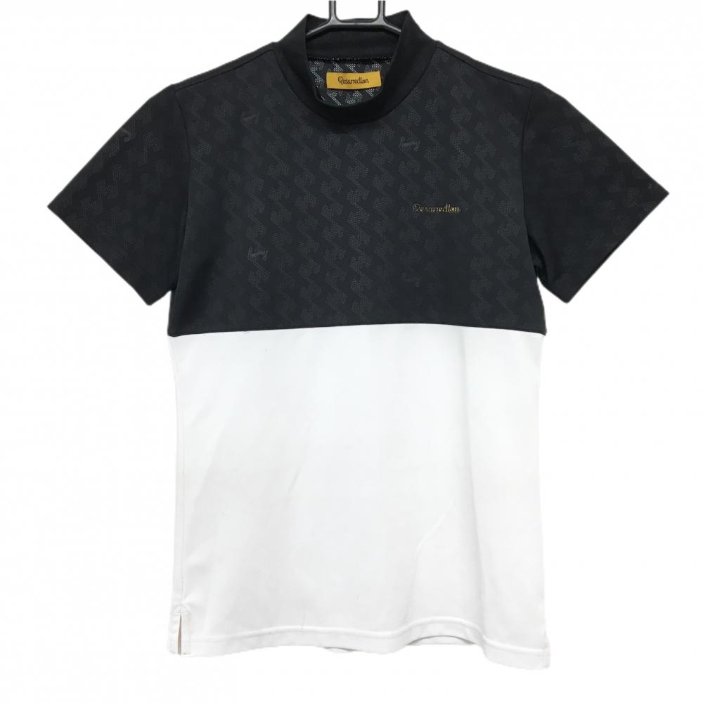 レザレクション 半袖ハイネックシャツ 黒×白 黒地総柄 バイカラー レディース S ゴルフウェア Resurrection