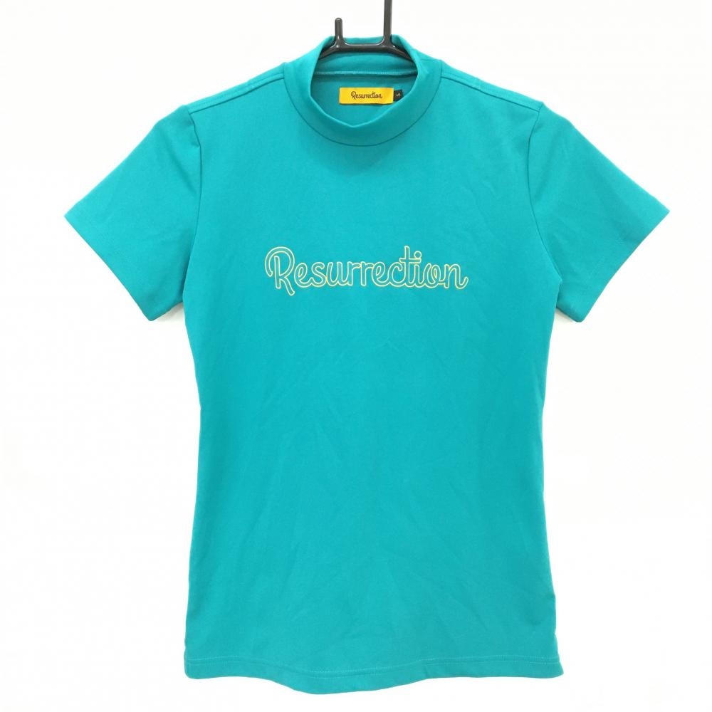 【美品】レザレクション 半袖ハイネックシャツ ブルーグリーン系 フロントロゴ レディース S ゴルフウェア Resurrection