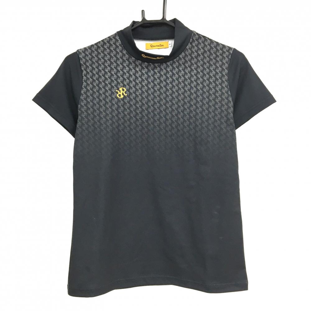 【超美品】レザレクション 半袖ハイネックシャツ 黒×グレー系 上部総柄 グラデーション レディース S ゴルフウェア Resurrection