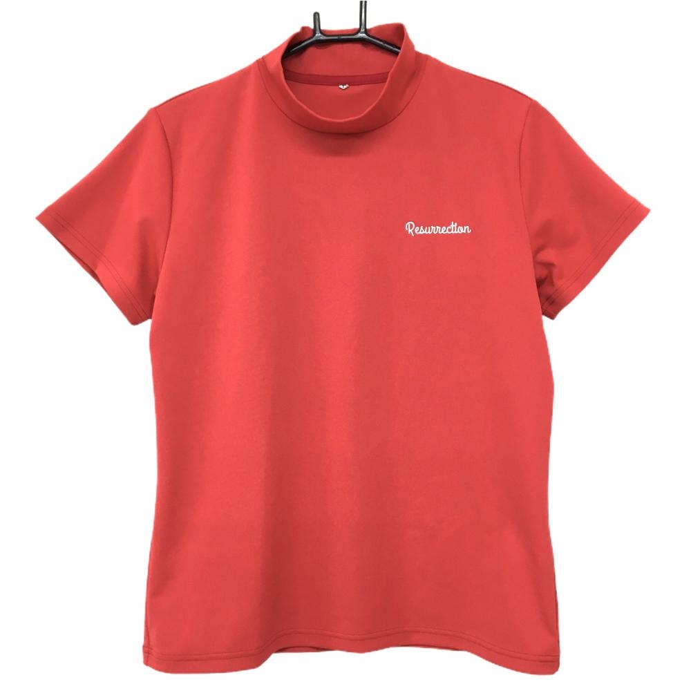 【美品】レザレクション 半袖ハイネックシャツ オレンジレッド ストレッチ バックプリント レディース L ゴルフウェア Resurrection