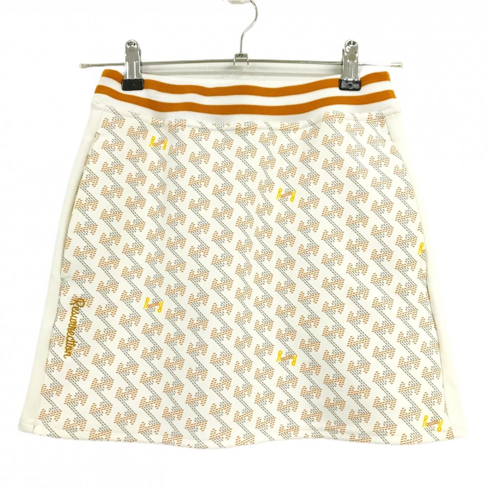 【美品】レザレクション ストレッチスカート 白×マスタードイエロー系 ロゴ総柄  レディース XS ゴルフウェア Resurrection