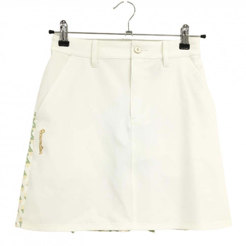 【美品】レザレクション スカート 白×グリーン×イエロー 後ろ総柄 後ろプリーツ ストレッチ レディース XS ゴルフウェア Resurrection