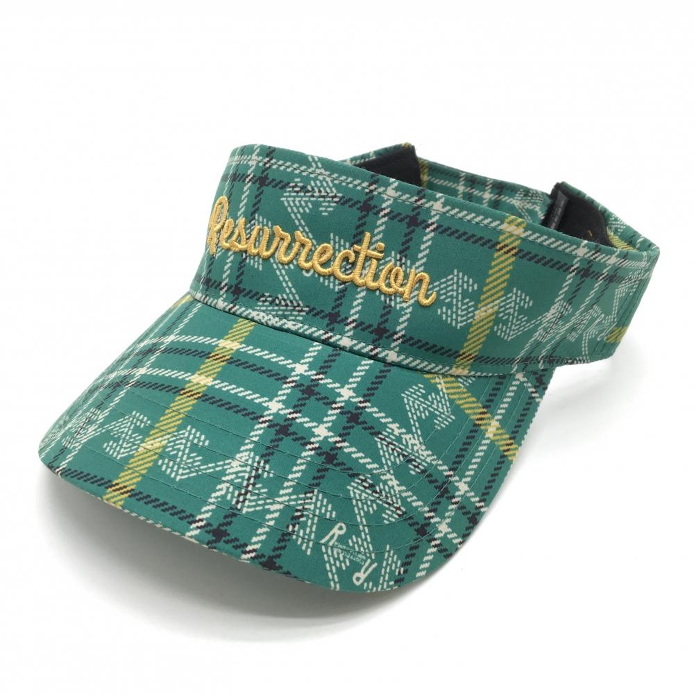 【超美品】レザレクション サンバイザー グリーン×白×イエロー チェック ロゴ刺しゅう フリーサイズ   ゴルフウェア Resurrection