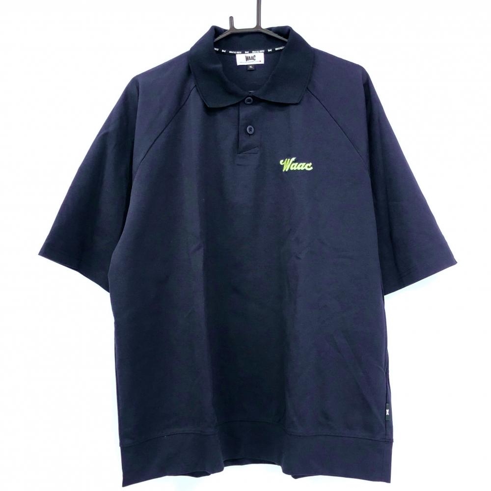 【超美品】ワック 半袖ポロシャツ ネイビー×イエロー バックプリント ロゴ刺しゅう   メンズ XL ゴルフウェア WAAC
