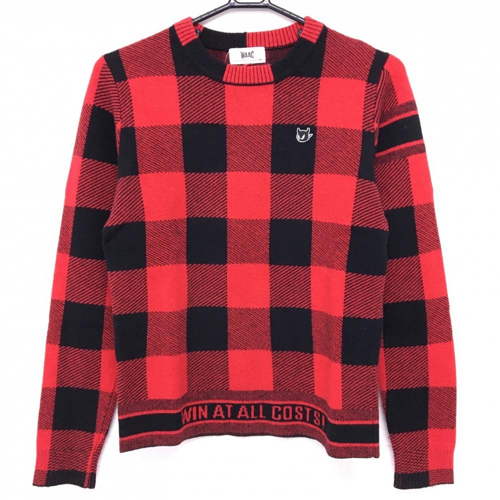 【美品】ワック　セーター　レッド×黒 ブロックチェック カシミヤ混 ニット レディース 2(M) ゴルフウェア WAAC