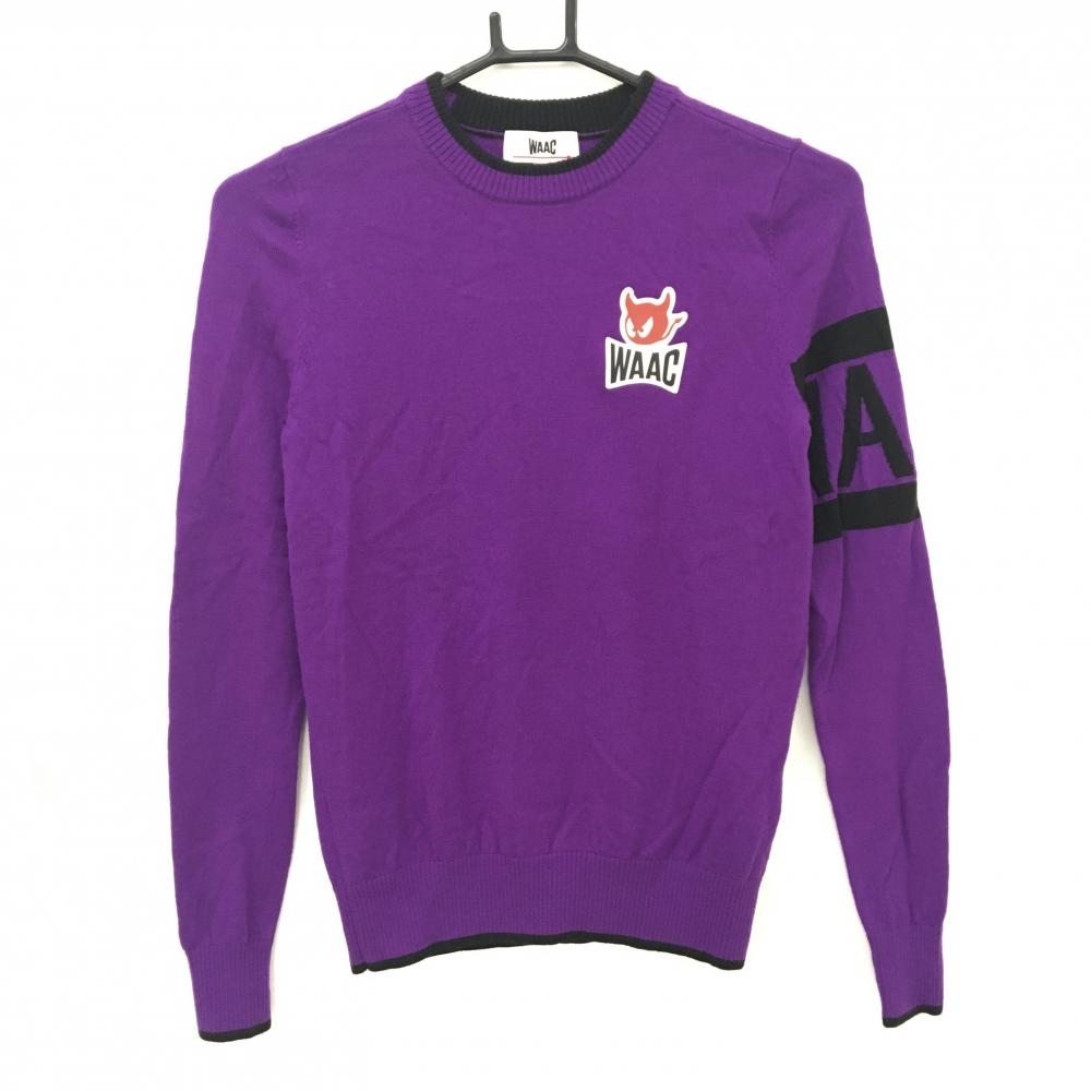 【美品】ワック セーター パープル×黒 ロゴワッペン 羊毛100％ ニット レディース 1(S) ゴルフウェア WAAC