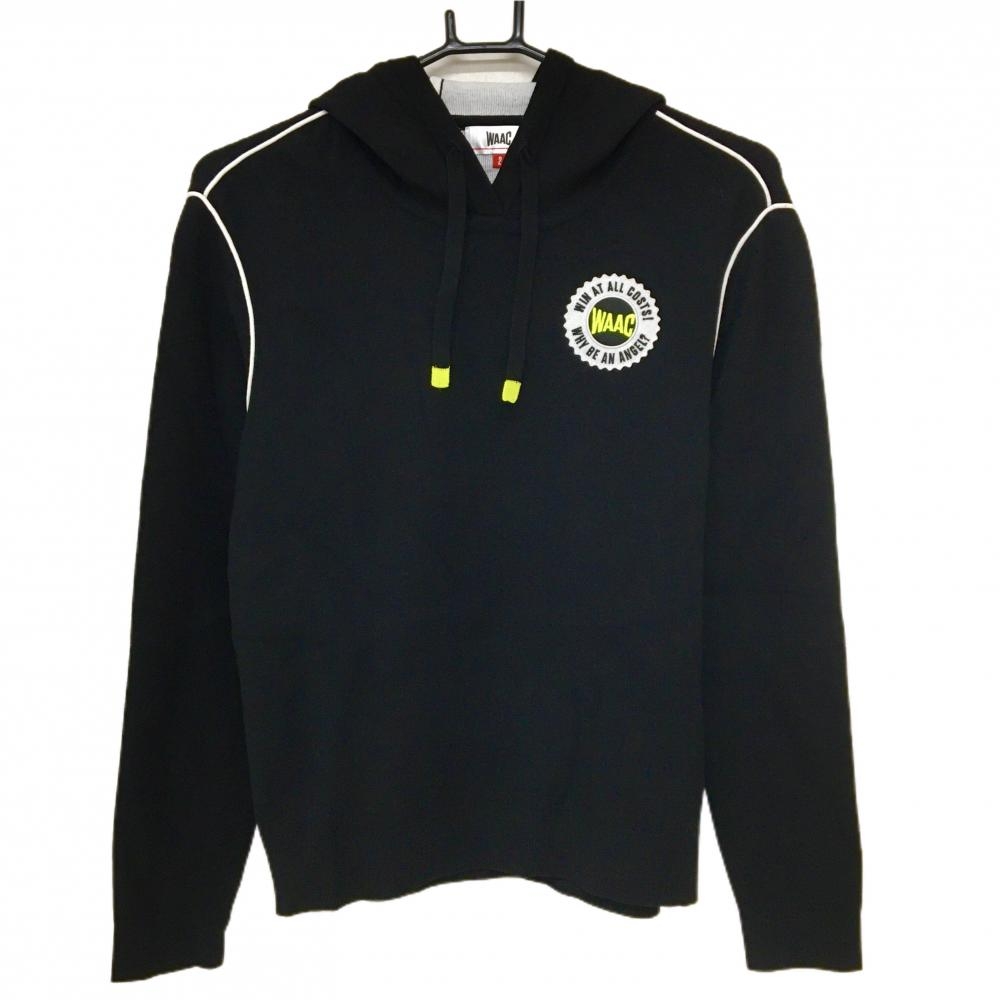 【美品】ワック フード付セーター 黒×白 胸ロゴ ニットパーカー レディース 2(M) ゴルフウェア WAAC