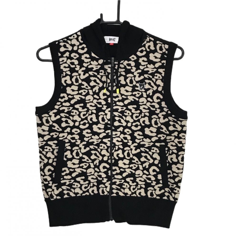【美品】ワック フード付ニットベスト 黒×ベージュ レオパード ヒョウ柄 レディース 2(M) ゴルフウェア WAAC