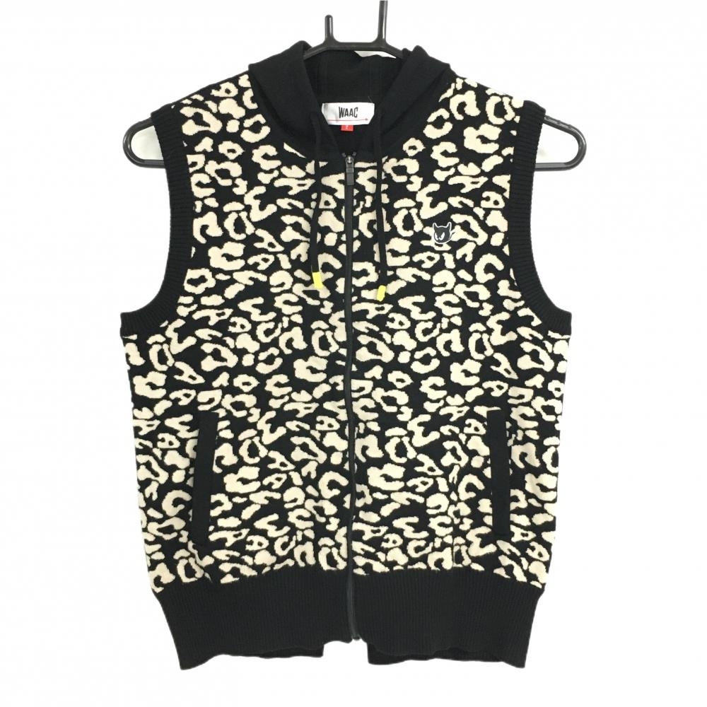 【美品】ワック フード付ニットベスト 黒×ベージュ レオパード ヒョウ柄  レディース 2(M) ゴルフウェア WAAC