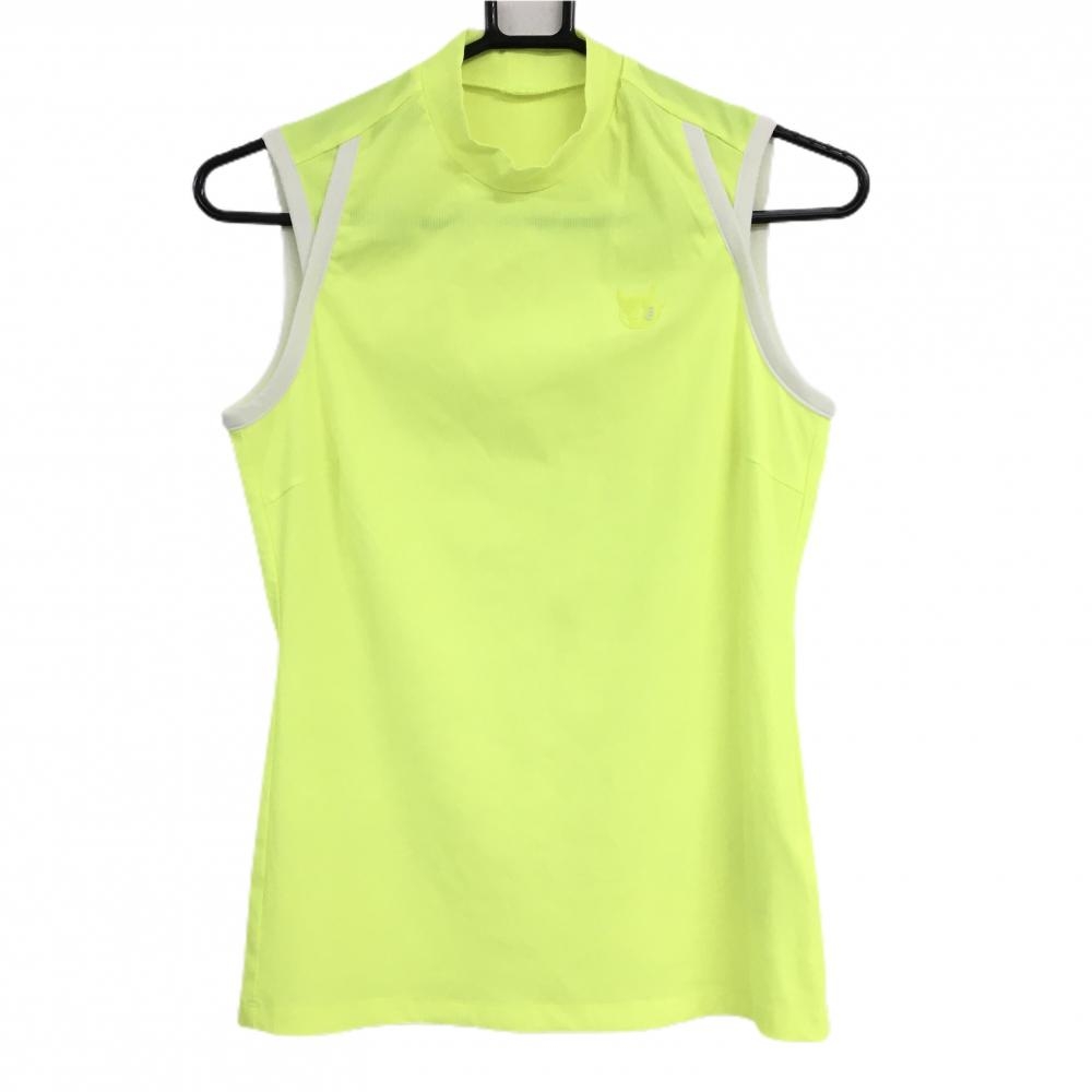 【超美品】ワック ノースリーブハイネックシャツ 蛍光イエロー×白 ストレッチ ロゴ  レディース 3(L) ゴルフウェア WAAC