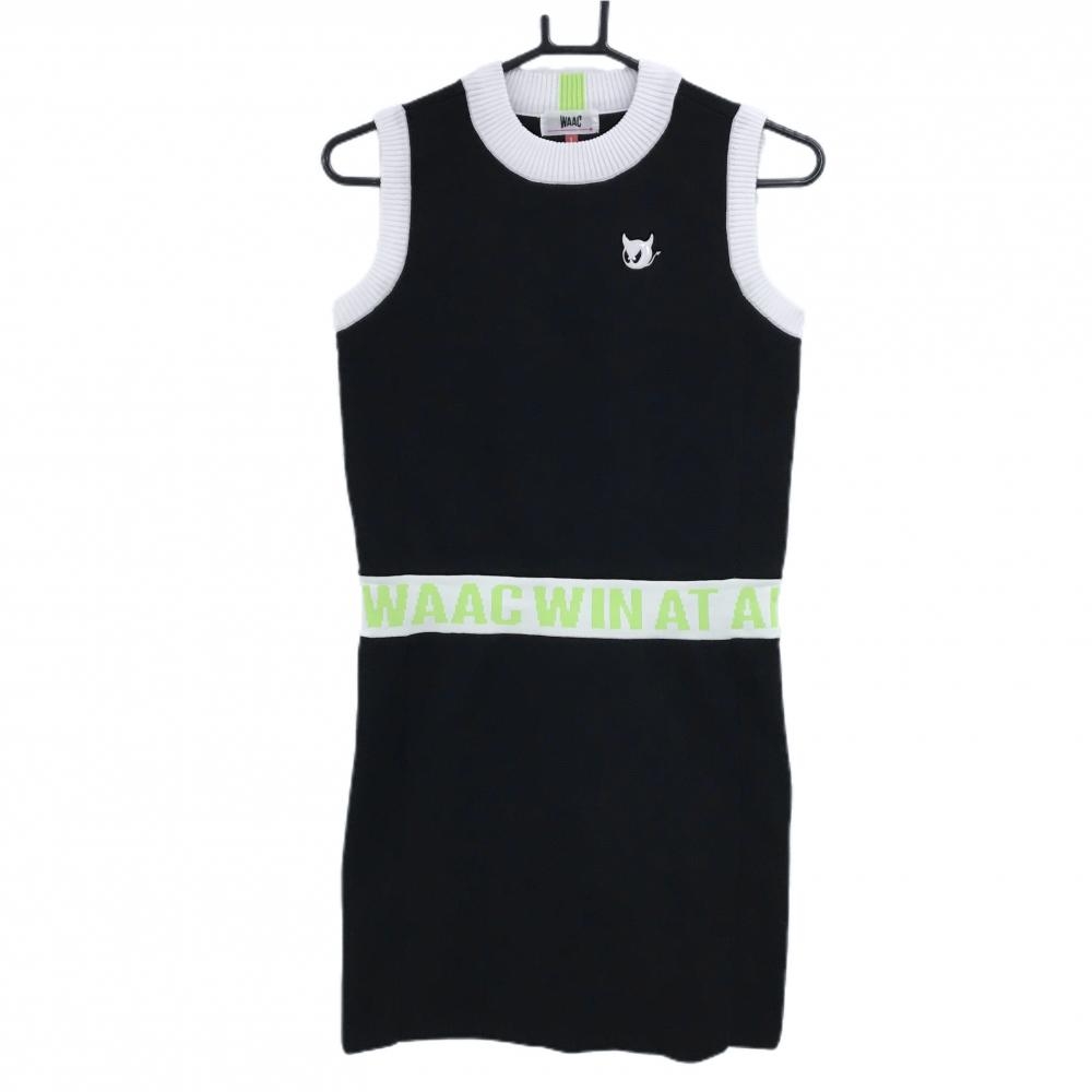 【超美品】ワック ノースリーブニットワンピース 黒×白 胸ロゴ ウエスト英字ロゴ レディース 1(S) ゴルフウェア WAAC