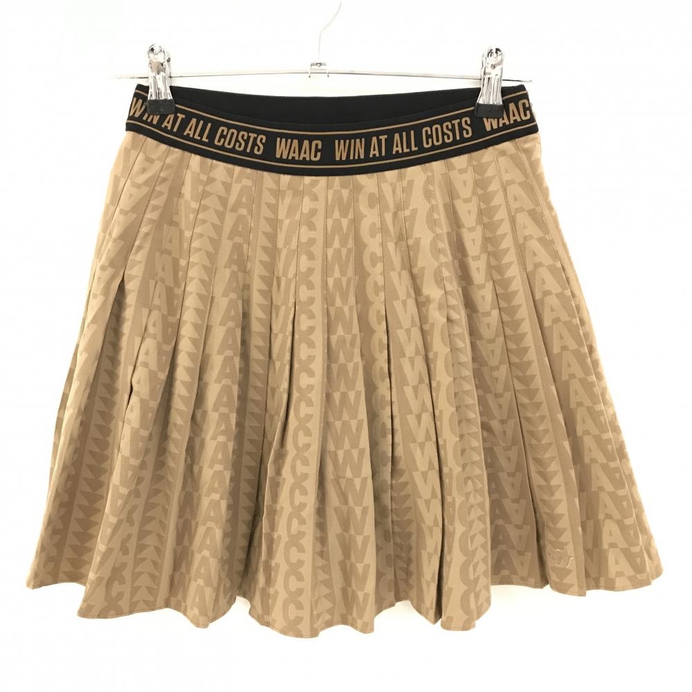 【超美品】ワック プリーツスカート ライトブラウン 英字総柄 ウエストゴム 内側インナーパンツ レディース 0(XS) ゴルフウェア WAAC