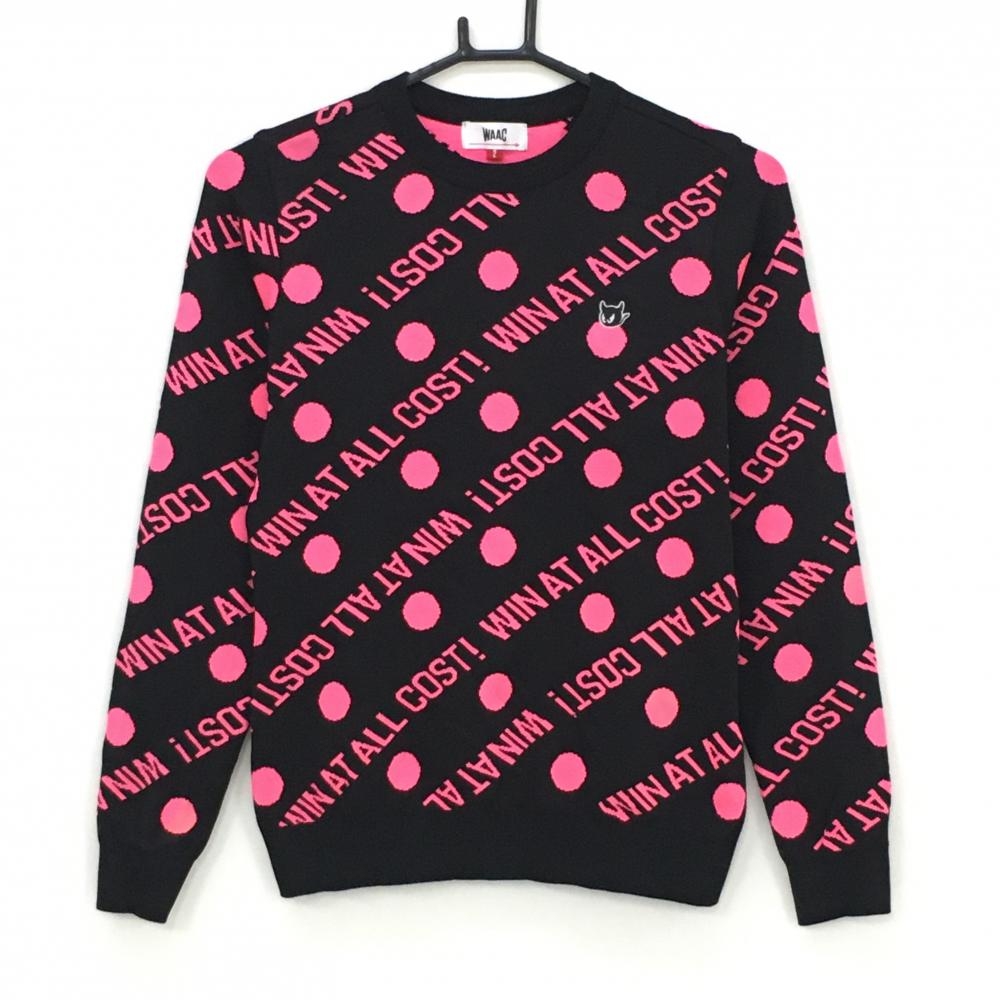 【超美品】ワック セーター 黒×蛍光ピンク ドット 英字総柄 韓国モデル ニット レディース 2(M) ゴルフウェア WAAC
