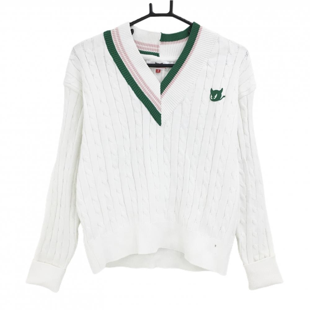 ワック セーター 白×グリーン×ピンク ケーブル編み ニット Vネック レディース 2(M) ゴルフウェア WAAC