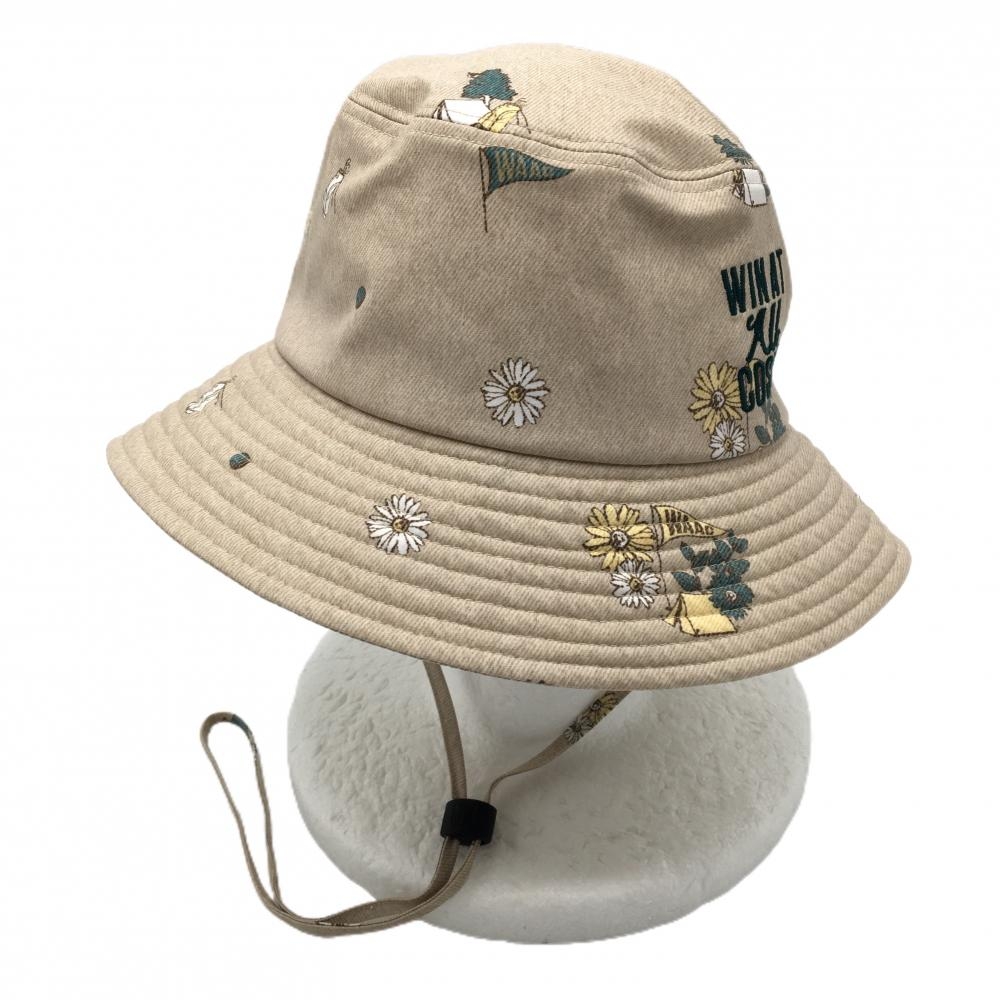 【超美品】ワック ハット ベージュ×グリーン 花柄 紐着脱可 韓国モデル 57cm   ゴルフウェア WAAC