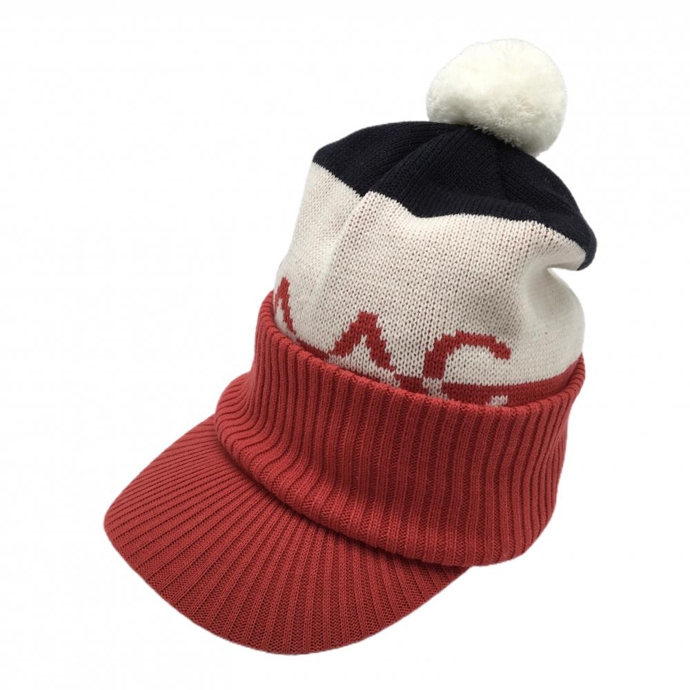 【超美品】ワック つば付ニット帽 レッド×白 羊毛混 ボンボン・ネックウォーマ付 FREE   ゴルフウェア WAAC