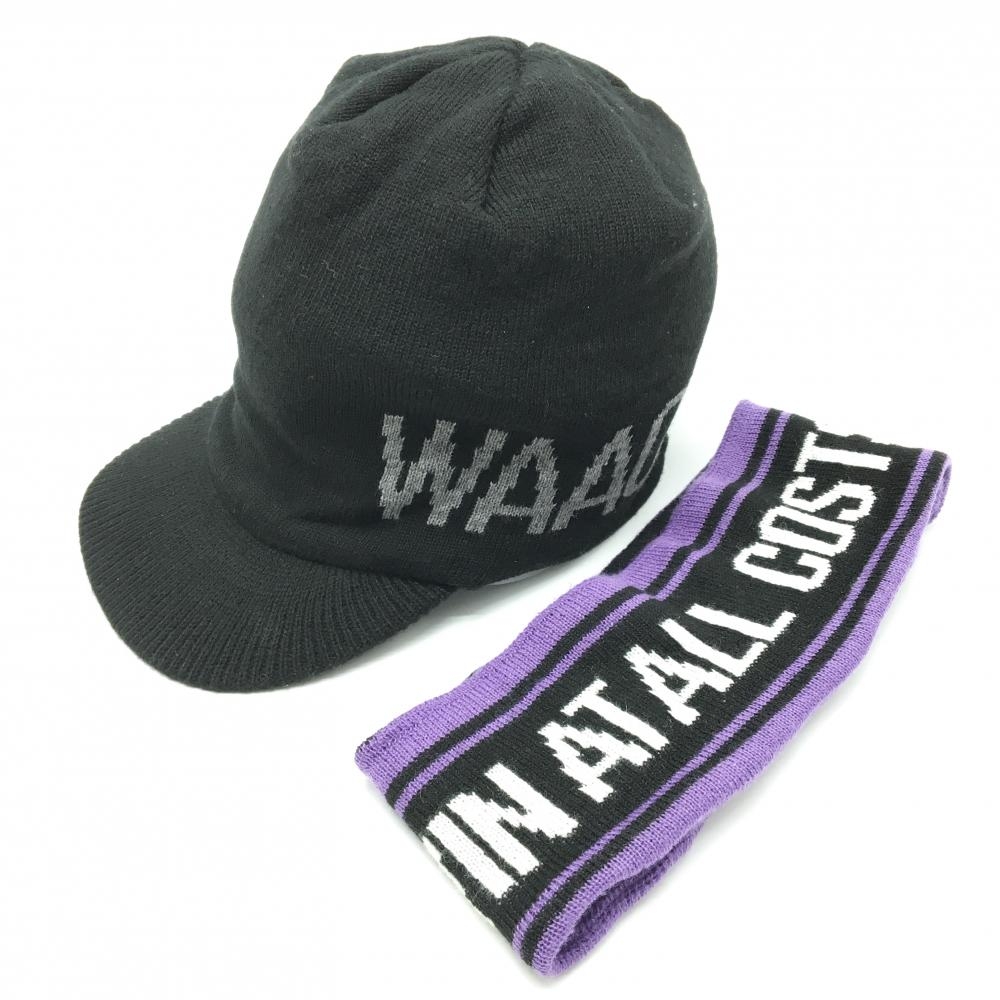 【美品】ワック 3WAYつば付ニット帽 黒×パープル ネックウォーマー付 羊毛混  1098   ゴルフウェア WAAC